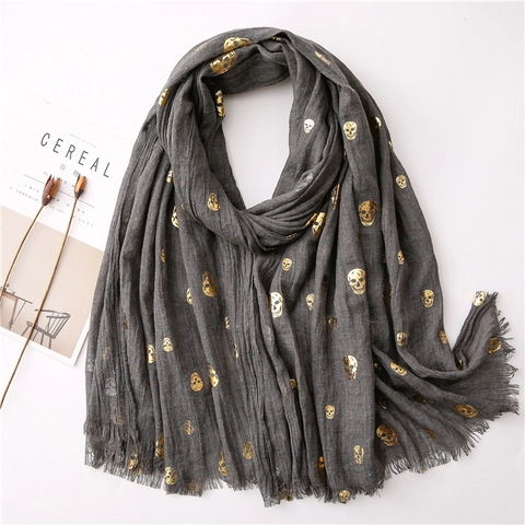 Écharpe Longue Pour Femmes Châle Impression Feuille D'or Motif Crâne Éléphant Sensation Coton Lin Léger Franges Accessoire Mode