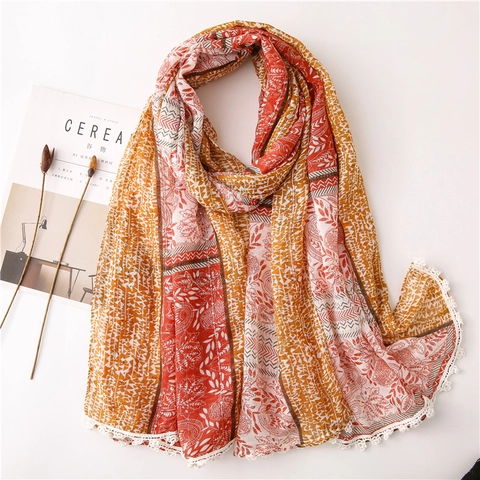 Bohemian Paisley Print Scarf With White Lace Border And Sequins Lightweight Ethnic Shawl For Women