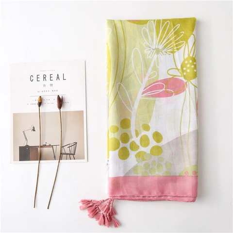 Sjaal Met Bloemenprint Polyester Kwastje Zonbescherming Stranddoek Lichtgewicht Modieus Voor Dames