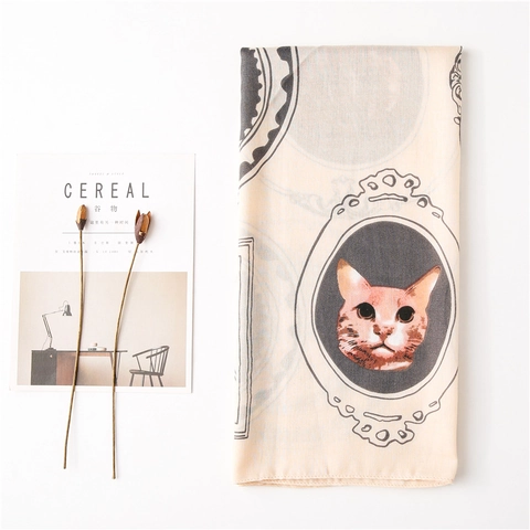 Vintage Cat Print Square Scarf Lightweight Cotton Linen Feel Shawl Wrap For Women Retro Animal Pattern Elegant Scarf
