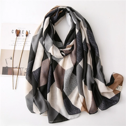 Grande Sciarpa Scialle Donna Cotone Lino Tocco Poliestere Blocco Di Colore Geometrico Motivo Diamante Elegante Caldo Per Inverno