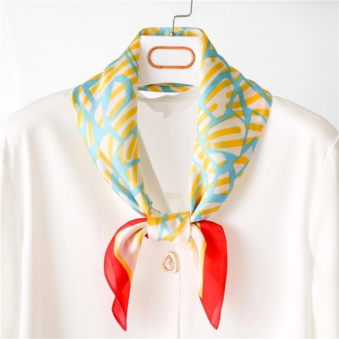 Foulard Quadrato In Raso Con Stampa Geometrica Elegante Bandana Da Collo A Blocchi Di Colore Per Donna Accessorio Decorativo