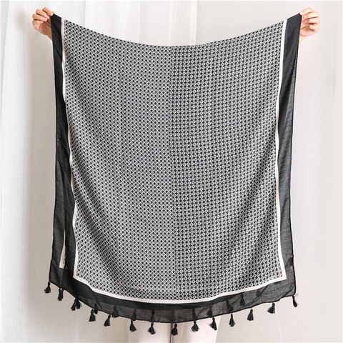 Grande Sciarpa Scialle Sensazione Cotone Lino Motivo Geometrico Diamante Con Nappine Morbido Traspirante Avvolgimento Donne