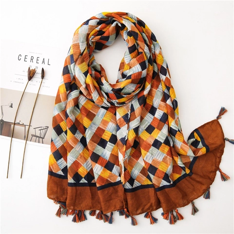 Sciarpa In Cotone E Lino A Quadretti Scialle Leggero Grande Motivo A Scacchi Con Nappine Per Donna Viaggio Spiaggia Moda Versatile