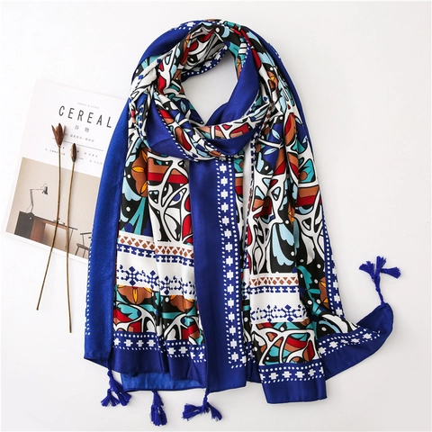 Boheemse Bloemen Etnische Print Sjaal Grote Lichtgewicht Polyester Wikkel Met Kwastjes Voor Vrouwen Decoratieve