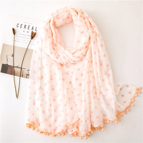 Women Long Scarf Shawl Chiffon Polyester Polka Dot Print Pom Pom Trim Lightweight Sun Protection Beach Sweet Casual