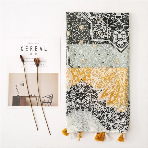 Women Bohemian Paisley Floral Print Tassel Scarf Light Sage Green Mustard Yellow Polyester Sunscreen Shawl Wrap Long