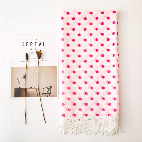 Polka Dot Scarf Chiffon Lace Trim Tassel Lightweight Shawl Sun Protection Elegant Wrap For Women Pink Red