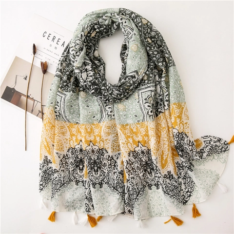 Women Bohemian Paisley Floral Print Tassel Scarf Light Sage Green Mustard Yellow Polyester Sunscreen Shawl Wrap Long