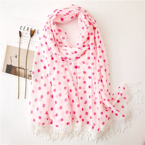 Polka Dot Scarf Chiffon Lace Trim Tassel Lightweight Shawl Sun Protection Elegant Wrap For Women Pink Red