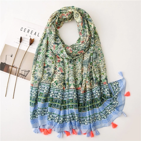Sciarpa Lunga Con Stampa Floreale Misto Cotone Mercerizzato E Poliestere Con Frange Stile Boemo Vintage