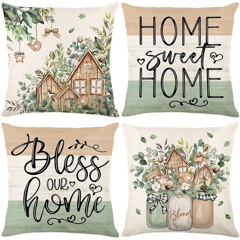 Nordic Spring Floral Botanical Letter Print Cushion Cover Polyester Linen Rustic Square Decorative Pillowcase For Sofa Living Room