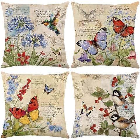 Fundas De Cojín Vintage Pájaro Flor Poliéster Retro Floral Funda De Almohada Decorativa Para Sofá Sala Estar Decoración Granja