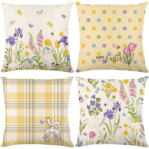 Paques Lapin Floral Carreaux Motif Housse De Coussin Decorative Texture Lin Canapé Maison