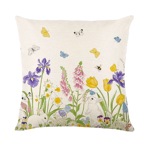 Paques Lapin Floral Carreaux Motif Housse De Coussin Decorative Texture Lin Canapé Maison