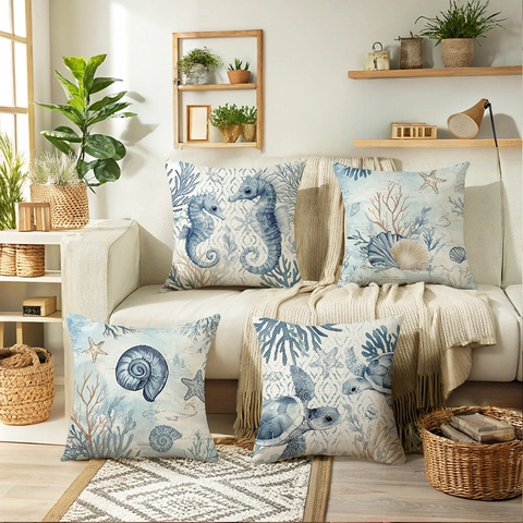 Zomer Oceaan Zeeleven Decoratieve Kussensloop Polyester Vierkante Kussenhoes Zeepaardje Schildpad Koraal Print Voor Bank Home Decor