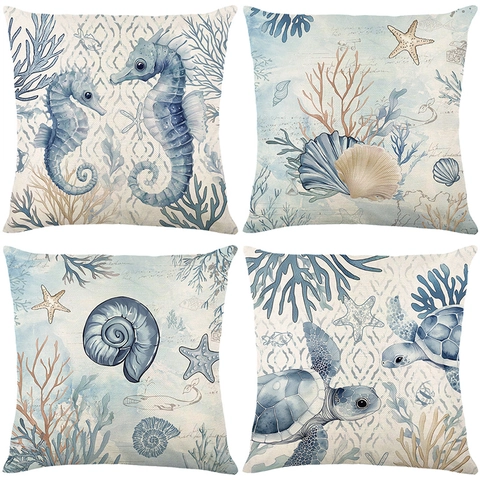 Zomer Oceaan Zeeleven Decoratieve Kussensloop Polyester Vierkante Kussenhoes Zeepaardje Schildpad Koraal Print Voor Bank Home Decor