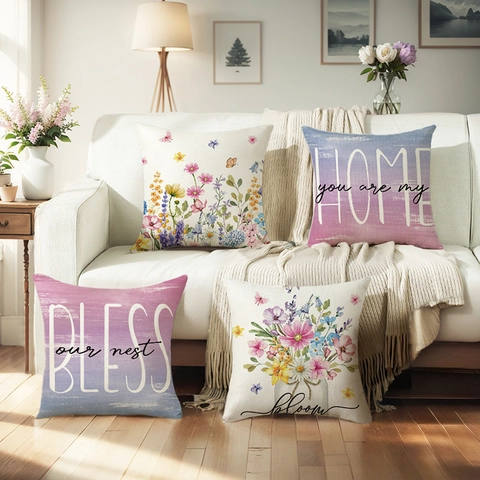 Nordischer Dekorativer Polyester Kissenbezug Aquarell Blumen Botanischer Buchstaben Druck Quadratischer Kissenbezug Für Sofa Wohnzimmer Deko