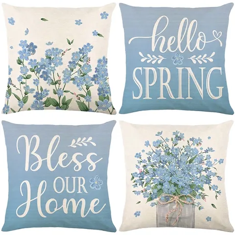Blue Floral Pillow Covers Spring Plant Print Polyester Cushion Cases For Sofa Home Decor Farmhouse Nordic Style
