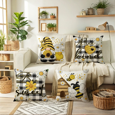 Decorative Throw Pillow Cover Bee Gnome Daisy Buffalo Plaid Pattern Polyester Farmhouse Home Decor