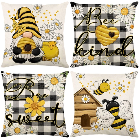 Decorative Throw Pillow Cover Bee Gnome Daisy Buffalo Plaid Pattern Polyester Farmhouse Home Decor