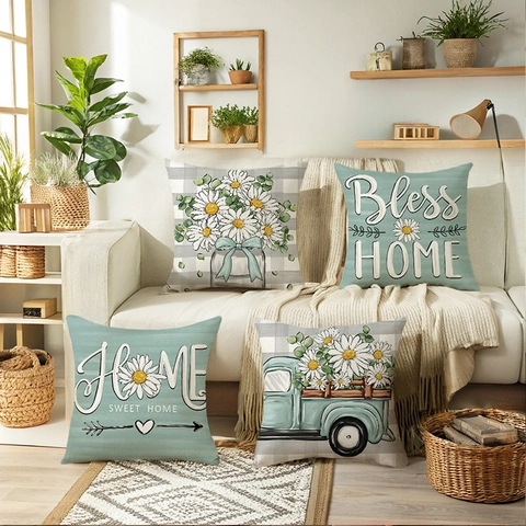 Farmhouse Daisy Throw Pillow Covers Polyester Decorative Cushion Cases For Sofa Home Decor Retro Truck Bless Home Quote Square Pillowcases