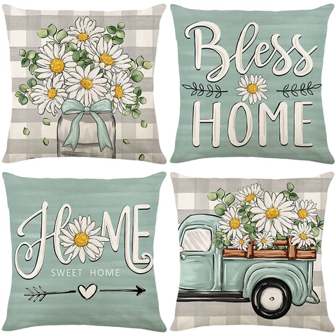 Farmhouse Daisy Throw Pillow Covers Polyester Decorative Cushion Cases For Sofa Home Decor Retro Truck Bless Home Quote Square Pillowcases