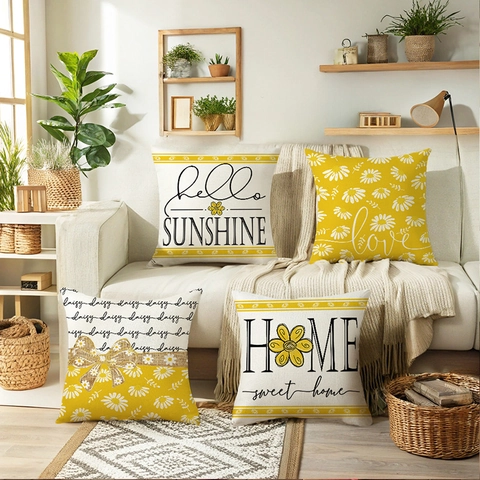 Funda De Almohada Decorativa Patrón Margarita Girasol Poliéster Efecto Lino Para Sofá Decoración Hogar Estilo Nórdico