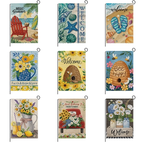 Drapeau de Jardin d'Été Double Face Polyester Aspect Lin Décoration Extérieure Cour Welcome Hello Summer Abeille Fleur Petit Drapeau Décoratif
