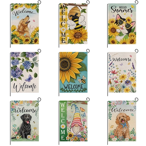 Bandiera Da Giardino Doppia Faccia Lino Girasole Cane Gatto Gnomo Estate Decorazione Da Cortile Esterna Resistente Agli Agenti