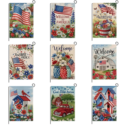 Drapeau De Jardin Patriotique Toile De Lin Double Face Décoration De Cour Extérieure Design Drapeau Américain Bienvenue Juillet Quatrième Floral