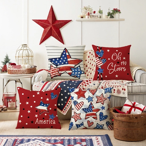 Linen US Independence Day Pillow Case Patriotic Stars Stripes Heart Print Decorative Throw Pillow Cover For Sofa Decor