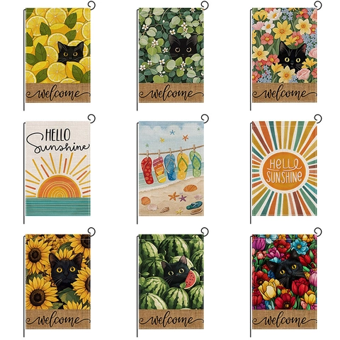Drapeau De Jardin D Été Double Face Polyester Toile De Jute Décoratif Extérieur Bienvenue Chat Noir Fleur De Soleil