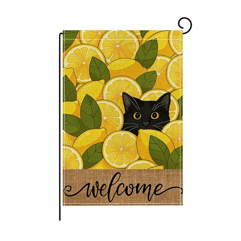 Drapeau De Jardin D Été Double Face Polyester Toile De Jute Décoratif Extérieur Bienvenue Chat Noir Fleur De Soleil