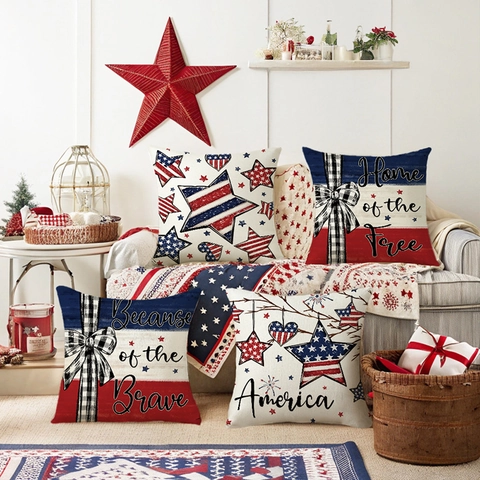 Federe Per Cuscini Patriottiche Bandiera Americana Lino Poliestere Giorno Dell'Indipendenza Stelle Strisce Decorative Per Divano