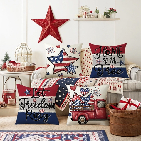 Onafhankelijkheidsdag Decoratieve Kussenslopen Polyester Amerikaanse Vlag Sterren Strepen Vintage Rode Vrachtwagen Patriotisch Sofa Bank