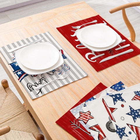 Independence Day Placemats Waterproof Heat Resistant Cotton Linen Table Mats Patriotic Stars Stripes Red Truck Dining Decor