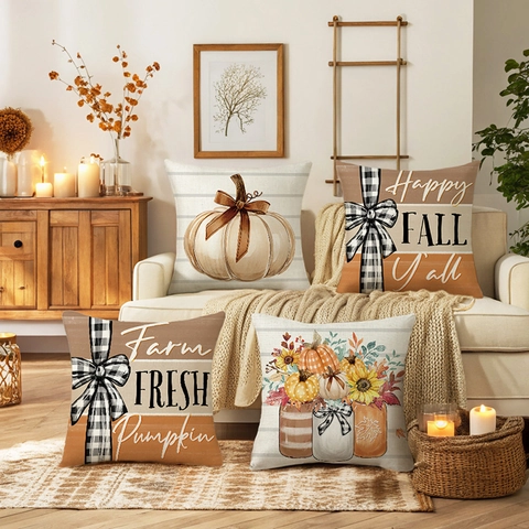 Autumn Fall Pumpkin Decorative Pillow Covers Thanksgiving Harvest Cushion Case Buffalo Plaid Bow Sunflower Polyester Pillowcase
