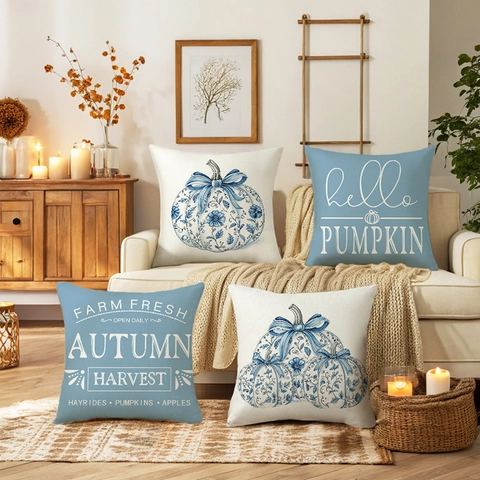 Kussenslopen Katoen Linnen Herfst Oogst Pompoen Print Blauw Wit Chinoiserie Stijl Voor Sofa Couch Woonkamer Decor