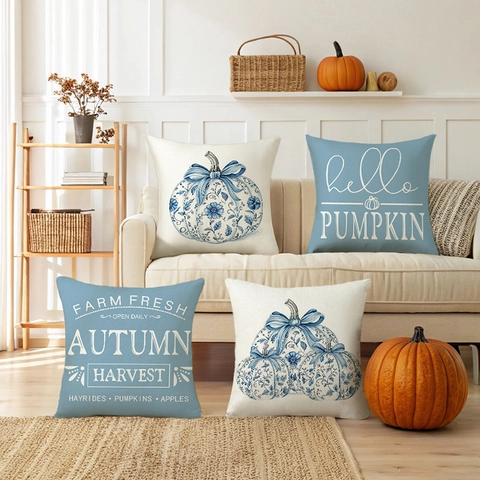 Kussenslopen Katoen Linnen Herfst Oogst Pompoen Print Blauw Wit Chinoiserie Stijl Voor Sofa Couch Woonkamer Decor