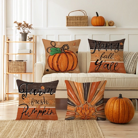 Fodere Per Cuscini Decorative Autunnali Zucca Stampa Foglia Di Acero Raccolto Fodere Per Divano Stile Rustico Poliestere