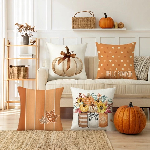 Autumn Pumpkin Sunflower Decorative Pillow Covers Polyester Halloween Maple Leaf Stripes Cushion Case For Sofa Home Decor
