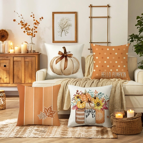 Autumn Pumpkin Sunflower Decorative Pillow Covers Polyester Halloween Maple Leaf Stripes Cushion Case For Sofa Home Decor