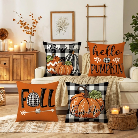 Fodere Per Cuscini Autunnali Con Zucche E Quadri Buffalo In Poliestere Per Halloween Ringraziamento Decorazione Divano Casa