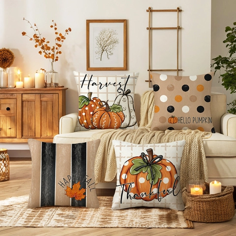 Autumn Pumpkin Pillow Cover Polyester Linen Cushion Case Thanksgiving Maple Leaf Harvest Home Sofa Decor Nordic Style