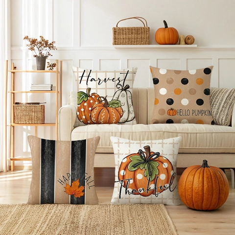 Autumn Pumpkin Pillow Cover Polyester Linen Cushion Case Thanksgiving Maple Leaf Harvest Home Sofa Decor Nordic Style