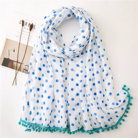 Women Long Scarf Shawl Chiffon Polyester Polka Dot Print Pom Pom Trim Lightweight Sun Protection Beach Sweet Casual