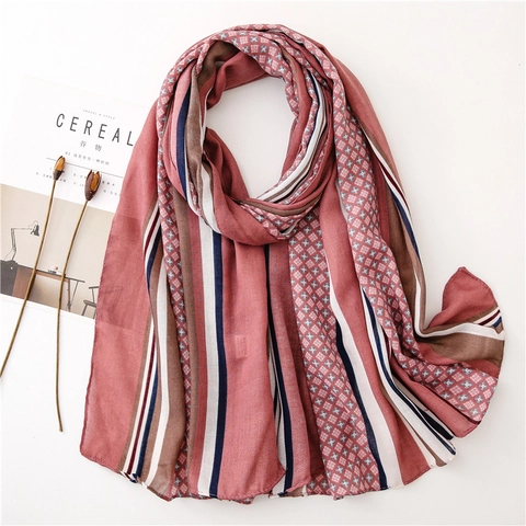 Women Long Scarf Shawl Cotton Polyester Blend Floral Stripe Geometric Pattern Sunscreen Lightweight Retro Style