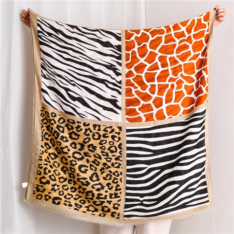 Bufanda Patchwork Estampado Animal Satén Algodón Poliéster Leopardo Cebra Jirafa Patrón Chal Grande Largo Con Flecos Mujeres