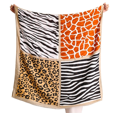 Bufanda Patchwork Estampado Animal Satén Algodón Poliéster Leopardo Cebra Jirafa Patrón Chal Grande Largo Con Flecos Mujeres